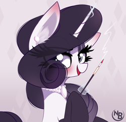 Size: 2574x2499 | Tagged: safe, artist:nevobaster, derpibooru import, rarity, pony, unicorn, abstract background, avatar, bust, cigarette, cigarette holder, female, jewelry, levitation, looking at you, magic, mare, smoke, solo, telekinesis