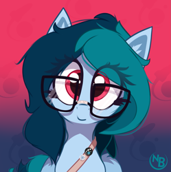 Size: 1061x1067 | Tagged: safe, artist:nevobaster, derpibooru import, oc, oc only, oc:delta vee, pegasus, pony, abstract background, avatar, bandolier, bust, button, cute, diaveetes, female, glasses, head tilt, looking at you, mare, ocbetes, smiling, smiling at you, solo