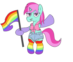 Size: 1200x1028 | Tagged: safe, artist:amateur-draw, derpibooru import, oc, oc:belle boue, pony, unicorn, bipedal, clothes, crossdressing, daisy dukes, denim shorts, evening gloves, femboy, front knot midriff, gloves, holding a flag, long gloves, makeup, male, midriff, pride, pride flag, pride month, rainbow socks, shorts, simple background, socks, solo, stallion, striped socks, white background