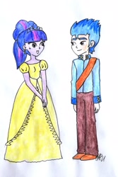 Size: 1527x2290 | Tagged: safe, artist:fude-chan-art, derpibooru import, flash sentry, twilight sparkle, equestria girls, clothes, clothes swap, dress, female, flashlight, frankie foster, gown, male, shipping, straight