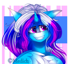 Size: 2579x2326 | Tagged: safe, artist:mediasmile666, derpibooru import, oc, oc only, alicorn, pony, abstract background, alicorn oc, bust, colored wings, female, gradient wings, grin, horn, mare, smiling, solo, wings