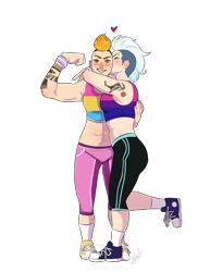 Size: 1700x2200 | Tagged: safe, artist:theartfox2468, derpibooru import, fleetfoot, spitfire, human, abs, alternate hairstyle, belly button, bisexual pride flag, blushing, clothes, converse, ear piercing, earring, eyebrow piercing, eyes closed, female, fleetfire, flexing, grin, heart, hug, humanized, jewelry, kiss on the cheek, kissing, lesbian, muscles, nose piercing, pansexual, pansexual pride flag, pants, piercing, pride, pride flag, pride month, shipping, shoes, simple background, smiling, sneakers, socks, sports bra, sweatpants, tattoo, trans female, transgender, transgender pride flag, transparent background, wristband