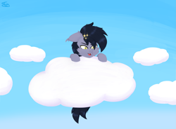 Size: 2611x1926 | Tagged: safe, artist:graphictoxin, derpibooru import, oc, oc only, oc:ankoret stormice, bat pony, bat pony oc, cheek fluff, cloud, cute, eyebrows, fangs, fluffy, hooves, lineless, male, open mouth, sky, smiling, solo, stallion, stars