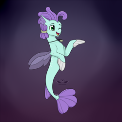 Size: 2000x2000 | Tagged: safe, artist:victorymon, derpibooru import, oc, oc only, seapony (g4), dorsal fin, fin wings, fins, fish tail, green eyes, jewelry, logo, male, necklace, one eye closed, open mouth, purple background, simple background, smiling, solo, tail, wings, wink