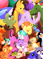 Size: 1950x2700 | Tagged: safe, artist:darksly, derpibooru import, princess celestia, alicorn, bird, cat, dinosaur, dolphin, duck, elephant, fox, giraffe, monkey, penguin, pony, raccoon, atg 2021, cute, cutelestia, eyes closed, newbie artist training grounds, open mouth, plushie, stuffed animals