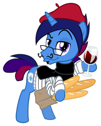 Size: 1060x1320 | Tagged: safe, artist:earth_pony_colds, derpibooru import, oc, oc:marquis majordome, alcohol, baguette, bonnet, bread, food, french, show accurate, wine