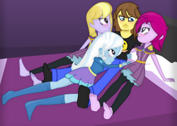 Size: 1960x1397 | Tagged: safe, artist:grapefruit-face, derpibooru import, fuchsia blush, lavender lace, trixie, oc, oc:grapefruit face, equestria girls, barefoot, base used, bed, bedroom eyes, blushing, clothes, feet, looking at each other, snuggling, socks, stocking feet, trixie and the illusions