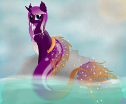Size: 1800x1500 | Tagged: safe, artist:purple-pinion, derpibooru import, oc, oc only, merpony, pony, sea pony, unicorn, blue eyes, dorsal fin, female, fish tail, horn, jewelry, necklace, ocean, rock, seaponified, signature, sky, smiling, solo, sparkles, species swap, sun, sunlight, tail, water