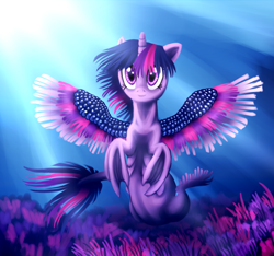 Size: 1117x1044 | Tagged: safe, artist:wolframclaws, derpibooru import, twilight sparkle, twilight sparkle (alicorn), alicorn, hybrid, merpony, pony, seapony (g4), coral, crepuscular rays, female, fish tail, flowing mane, flowing tail, horn, ocean, purple eyes, seaponified, seapony twilight, smiling, solo, species swap, spread wings, sunlight, tail, underwater, water, wings