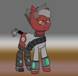 Size: 687x677 | Tagged: safe, artist:kvas!, derpibooru import, oc, oc:gear tear, earth pony, augmented, clothes, earth pony oc, foe, glasses, orange eyes, pipbuck, pockets, reference, ripping clothes, short tail, simple background, solo