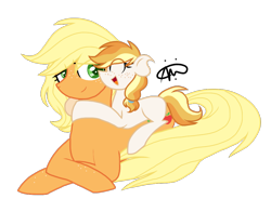 Size: 1058x831 | Tagged: safe, artist:gallantserver, derpibooru import, applejack, oc, oc:marmalade melody, earth pony, pony, female, filly, freckles, hug, lying down, magical lesbian spawn, mother and child, mother and daughter, neck hug, offspring, parent and child, parent:applejack, parent:oc:silverlay, parent:rarity, parents:canon x oc, parents:rarijack, parents:silverjack, prone, simple background, transparent background