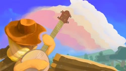 Size: 2000x1125 | Tagged: safe, artist:mandumustbasukanemen, derpibooru import, applejack, applejack's hat, banjo, clothes, cloud, cowboy hat, hat, music, musical instrument, newbie artist training grounds, road trip, scenery, solo, sunset, wagon