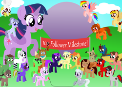 Size: 1678x1200 | Tagged: safe, artist:phantom arts, derpibooru import, diamond tiara, silver spoon, twilight sparkle, twilight sparkle (alicorn), oc, oc:banana pie, oc:clone number 407, oc:cocoa, oc:double click, oc:duran, oc:firefighter girl, oc:flare flare, oc:gearwork, oc:green anon, oc:mahna, oc:mclovin, oc:phantom thorns, oc:redmix, oc:spirit spark, oc:tangerine cookie, oc:tangy, oc:twizilla, oc:wingdance, alicorn, bat pony, earth pony, kirin, orca, orca pony, original species, pegasus, unicorn, whale, banana, banner, celebration, eevee, female, food, group shot, hill, male, mare, mimikyu, pokémon, stallion