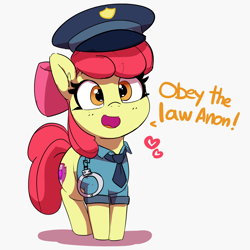 Size: 3000x3000 | Tagged: safe, artist:pabbley, derpibooru import, apple bloom, earth pony, pony, adorabloom, cuffs, cute, dialogue, featured image, female, filly, hat, heart, implied anon, necktie, open mouth, police uniform, simple background, solo, talking to viewer, white background