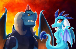 Size: 1280x829 | Tagged: safe, artist:talonsofwater, derpibooru import, dragon lord torch, princess ember, dragon, colored pupils, dragoness, father and child, father and daughter, female, hand on hip, male, parent and child, profile