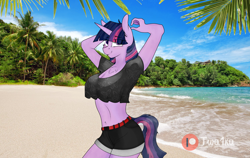 Size: 1500x947 | Tagged: safe, alternate version, artist:twilyshimmer, derpibooru import, twilight sparkle, unicorn twilight, anthro, unicorn, alternate hairstyle, beach, chest fluff, female, island, looking at you, mare, midriff, ocean, outdoors, sexy, shorts, smiling, smiling at you, three quarter view, tropical