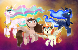 Size: 1280x829 | Tagged: safe, artist:talonsofwater, derpibooru import, princess celestia, princess luna, oc, alicorn, pony, alicorn oc, everfree northwest, horn, wings