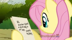 Size: 1283x720 | Tagged: safe, derpibooru import, edit, edited screencap, editor:notxweeb, screencap, fluttershy, pegasus, pony, putting your hoof down, female, meme, message, note, paper, plants vs zombies, solo, watermark