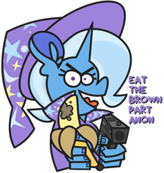 Size: 1641x1728 | Tagged: safe, artist:threetwotwo32232, derpibooru import, trixie, unicorn, banana, female, food, gun, handgun, implied anon, implied coprophagia, mare, pistol, poop, pure unfiltered evil, simple background, solo, talking to viewer, transparent background, weapon