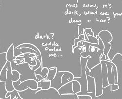 Size: 638x517 | Tagged: safe, artist:jargon scott, derpibooru import, oc, oc only, oc:snowdrop, oc:syx, alicorn, pegasus, pony, blind, coffee mug, duo, female, filly, grayscale, magical lesbian spawn, mare, monochrome, mug, offspring, older, older snowdrop, parent:oc:dyx, parent:oc:nyx, parents:nyxdyx, parents:oc x oc, product of incest