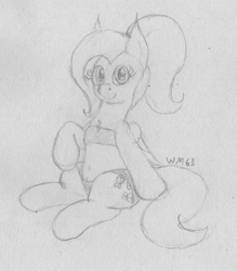 Size: 1704x1944 | Tagged: safe, artist:wapamario63, fluttershy, pegasus, pony, alternate hairstyle, bra on pony, chest fluff, crotchboobs, cute, female, looking at you, mare, monochrome, nudity, panties, ponytail, raised hoof, raised leg, shyabetes, sitting, sketch, solo, swimsuit, teats, traditional art, underwear
