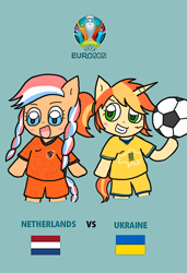 Size: 820x1196 | Tagged: safe, artist:foxy1219, oc, oc:ember (hwcon), oc:sunlight ray (bronukon), earth pony, unicorn, euro 2020, football, netherlands, sports, ukraine