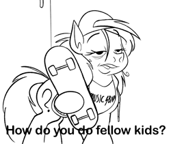 Size: 1088x920 | Tagged: safe, artist:anontheanon, oc, oc only, oc:anon-mare, earth pony, pony, backwards ballcap, black and white, cap, female, grayscale, hat, how do you do fellow kids, mare, monochrome, skateboard, solo
