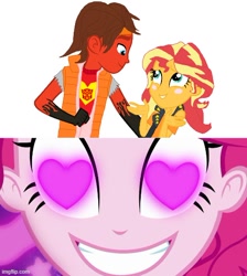 Size: 500x557 | Tagged: safe, idw, pinkie pie, sunset shimmer, equestria girls, blushing, clothes, crossover, crossover shipping, heart eyes, imgflip, meme, rodimus, shipping, smiling, transformers, wingding eyes
