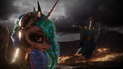 Size: 3840x2160 | Tagged: safe, artist:etherium-apex, princess celestia, alicorn, pony, 3d, armor, blender eevee, dirty, embers, female, fire, gorget, mare, solo
