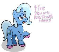 Size: 2400x2110 | Tagged: safe, artist:xppp1n, trixie, pony, unicorn, dialogue, female, lidded eyes, mare, open mouth, raised hoof, raised leg, solo, talking to viewer, text, unshorn fetlocks