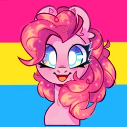 Size: 1365x1365 | Tagged: safe, artist:nebulanovia, derpibooru import, pinkie pie, earth pony, pony, ear fluff, ears, female, open mouth, pansexual pride flag, ponk, pride, pride flag, smiling, solo