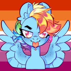 Size: 1365x1365 | Tagged: safe, artist:nebulanovia, derpibooru import, rainbow dash, pegasus, pony, :}, drool, ear fluff, ears, female, lesbian pride flag, pride, pride flag, solo, spread wings, tongue, tongue out, wings