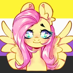 Size: 1365x1365 | Tagged: safe, artist:nebulanovia, derpibooru import, fluttershy, pegasus, pony, blushing, cute, daaaaaaaaaaaw, ear fluff, ears, female, nonbinary, nonbinary pride flag, pride, pride flag, shyabetes, smiling, solo, spread wings, wings