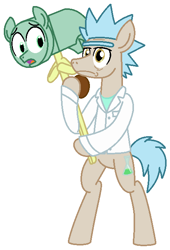 Size: 448x659 | Tagged: safe, artist:vgc2001, derpibooru import, earth pony, pony, spoiler:s08e05, clothes, erlenmeyer flask, flask, foal, fortnite, hammer, lab coat, male, morty smith, ponified, pony morty, pony rick, reference, rick and morty, rick sanchez, stallion, worried