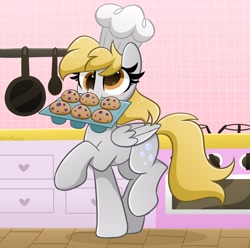 Size: 4096x4070 | Tagged: safe, artist:kittyrosie, derpibooru import, derpy hooves, pegasus, pony, baking, baking tray, blushing, chef's hat, cute, daaaaaaaaaaaw, derpabetes, female, food, hat, kitchen, mare, mouth hold, muffin, muffin tray, oven, redraw, solo, that pony sure does love muffins, tray
