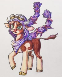 Size: 2461x3068 | Tagged: safe, artist:blueberry pie_蜜糕, derpibooru import, arizona cow, cow, them's fightin' herds, bandana, clothes, cloven hooves, colored pencil drawing, community related, cosplay, costume, crossover, felicia mitsuki, female, goggles, magia record, magical girl, puella magi madoka magica, simple background, solo, traditional art, white background