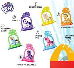 Size: 320x294 | Tagged: safe, derpibooru import, applejack, fluttershy, pinkie pie, rainbow dash, rarity, twilight sparkle, alicorn, earth pony, pegasus, pony, unicorn, my little pony: pony life, happy meal, logo, mane six, mcdonald's happy meal toys, toy