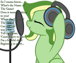 Size: 1185x989 | Tagged: safe, artist:candysweets90240, artist:didgereethebrony, derpibooru import, oc, oc:boomerang beauty, pegasus, pony, abba, base used, headphones, lyrics, microphone, shure 55s, simple background, singing, solo, text, the name of the game, trace, transparent background