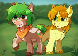 Size: 750x540 | Tagged: safe, artist:lastnight-light, derpibooru import, oc, oc only, oc:carrots, oc:monterey jack, earth pony, pony, unicorn, colt, female, filly, heterochromia, male