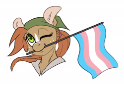 Size: 2220x1566 | Tagged: safe, artist:hobbes-maxwell, derpibooru import, oc, oc only, earth pony, pony, clothes, female, flag, hoodie, mouth hold, one eye closed, pride, pride flag, transgender, transgender pride flag, wink