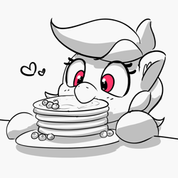 Size: 3000x3000 | Tagged: safe, artist:pabbley, derpibooru import, rainbow dash, pegasus, pony, /mlp/, /mlp/ con, cute, dashabetes, ear fluff, ears, floating heart, food, heart, nom, pancakes, partial color, requested art, solo, wrong eye color