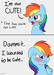 Size: 2894x4000 | Tagged: safe, artist:lynnthenerdkitty, derpibooru import, rainbow dash, pegasus, pony, angry, blushing, comic, cute, dashabetes, featured image, frown, gray background, i'm not cute, madorable, meme, offscreen character, open mouth, scrunchy face, simple background, solo, tsunderainbow, tsundere, vulgar, white background