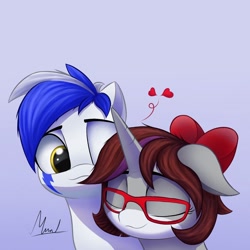 Size: 1250x1250 | Tagged: safe, artist:thunder s arts, derpibooru import, oc, oc only, oc:irina volkova, oc:thunder shine, pegasus, unicorn, bow, couple, ears, eyes closed, facial markings, female, floppy ears, glasses, hair bow, male, mare, simple background, stallion