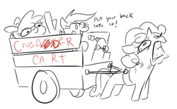 Size: 576x358 | Tagged: safe, artist:jargon scott, derpibooru import, apple bloom, scootaloo, sweetie belle, earth pony, pegasus, pony, unicorn, black and white, cart, cutie mark crusaders, female, filly, grayscale, gritted teeth, monochrome, neo noir, partial color, simple background, straining, white background