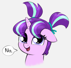 Size: 1378x1328 | Tagged: artist needed, source needed, safe, derpibooru import, starlight glimmer, pony, unicorn, bust, dialogue, female, filly, filly starlight glimmer, no, open mouth, open smile, pigtails, portrait, smiling, solo, younger