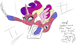 Size: 808x476 | Tagged: safe, artist:jargon scott, derpibooru import, princess cadance, alicorn, earth pony, pony, cadance's pizza delivery, clothes, costume, duo, female, food, mare, peetzer, pizza, pizza box, pointing, solo focus, spider web, spider-man, spider-man 2, spider-mare, swinging, that pony sure does love pizza, windswept mane