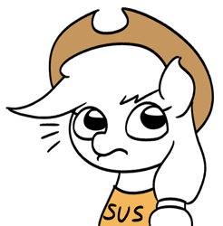 Size: 542x550 | Tagged: safe, artist:mkogwheel, derpibooru import, applejack, earth pony, pony, among us, applejack's hat, bust, clothes, cowboy hat, female, hat, mare, partial color, simple background, solo, stonetoss, style emulation, suspicious, white background