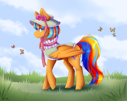 Size: 2500x2000 | Tagged: safe, artist:darklu, derpibooru import, oc, oc only, oc:cold front, butterfly, pegasus, pony, bow, cloud, colored pupils, commission, crossdressing, day, freckles, grass, hat, high res, looking at you, male, one hoof raised, outdoors, pegasus oc, raised hoof, raised leg, smiling, smiling at you, solo, stallion, wings, ych result
