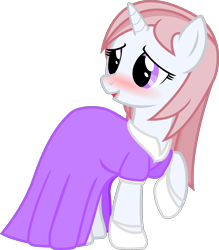 Size: 2579x2949 | Tagged: safe, artist:cranberry-tofu, derpibooru import, oc, oc only, oc:whisper call, pony, unicorn, blushing, clothes, dress, female, high res, horn, mare, open mouth, open smile, raised hoof, raised leg, shy, shy smile, simple background, smiling, solo, transparent background, unicorn oc