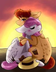 Size: 1920x2456 | Tagged: safe, artist:narik, derpibooru import, oc, oc:cherry blossom, oc:sertro, pegasus, blushing, couple, cute, cutie mark, ears, floppy ears, hat, hoof fluff, hoof on shoulder, love, pegasus oc, romantic, shadow, sunset